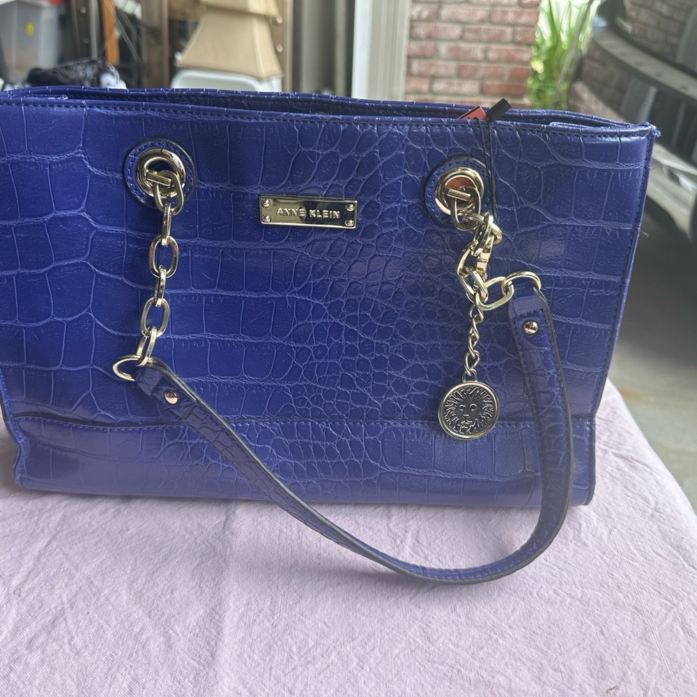 Anne Klein Blue Croc-Embossed Shoulder Bag with Gold Accents
